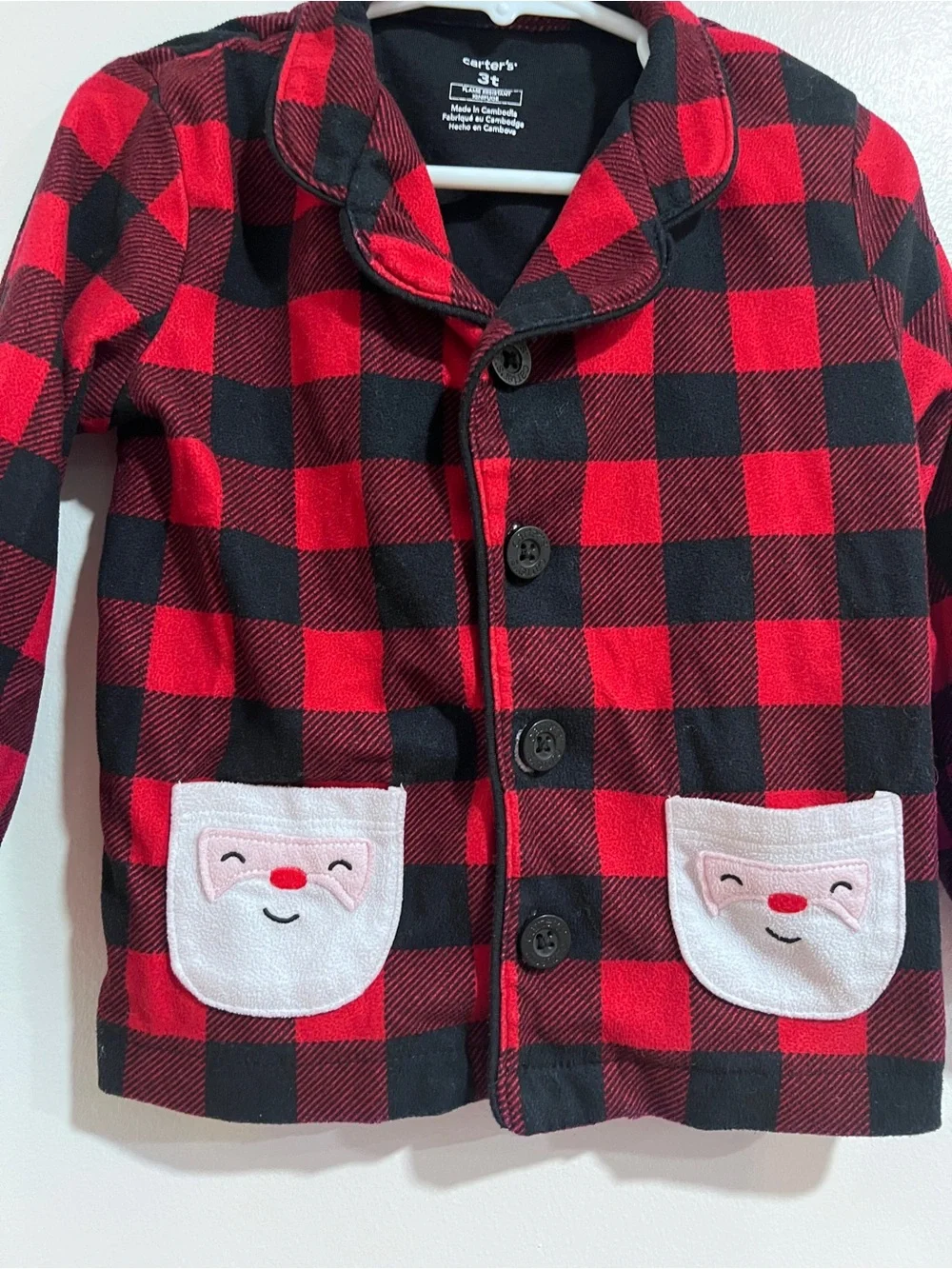 Carter's Toddler 3T Red & Black Buffalo Check Plaid Santa Pocket Pajama Set GUC